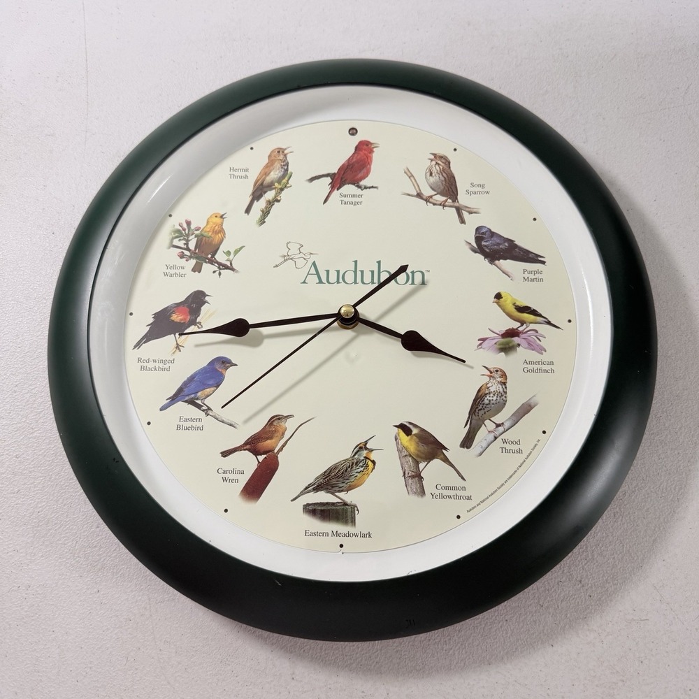 Audubon Society Singing Bird Wall Clock, Green Frame, 13" North American Birds